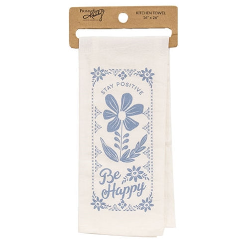 Stay Positive, Be Happy Blue Floral Dish Towel