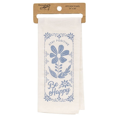 Stay Positive, Be Happy Blue Floral Dish Towel